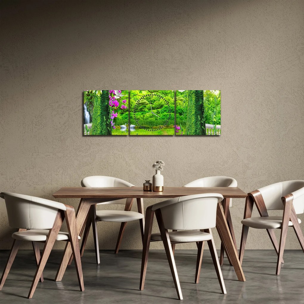 Obraz - Magiczny ogród z łabędziami (z zegarem) (90x30 cm)
