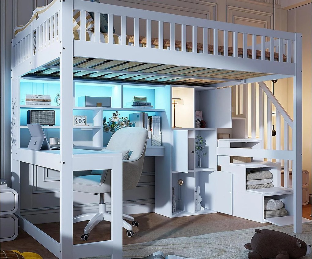 Łóżko piętrowe 140×200 cm - z oświetleniem LED - ze schodami ze schowkiem - z półkami - z biurkiem - Białe (materac nie jest zawarty)