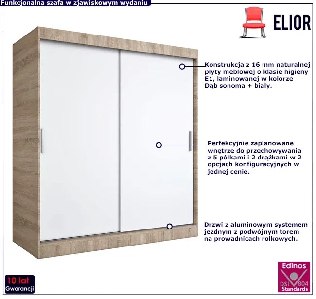 Szafa przesuwna 180 cm dąb sonoma + biały - Erco 5X