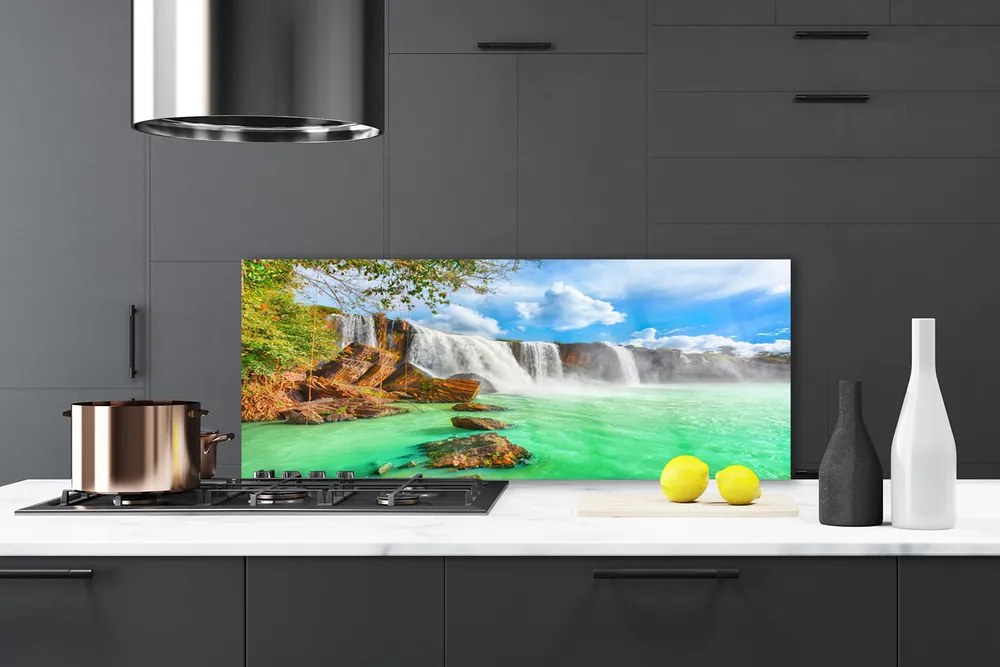 Panel Szklany do Kuchni Jezioro pod Górskim Wodospadem