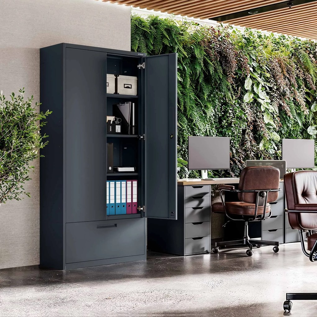 Szafa modułowa metalowa wielofunkcyjna z szufladą wysoką antracytowa MEGAN 1950 x 900 x 400 mm