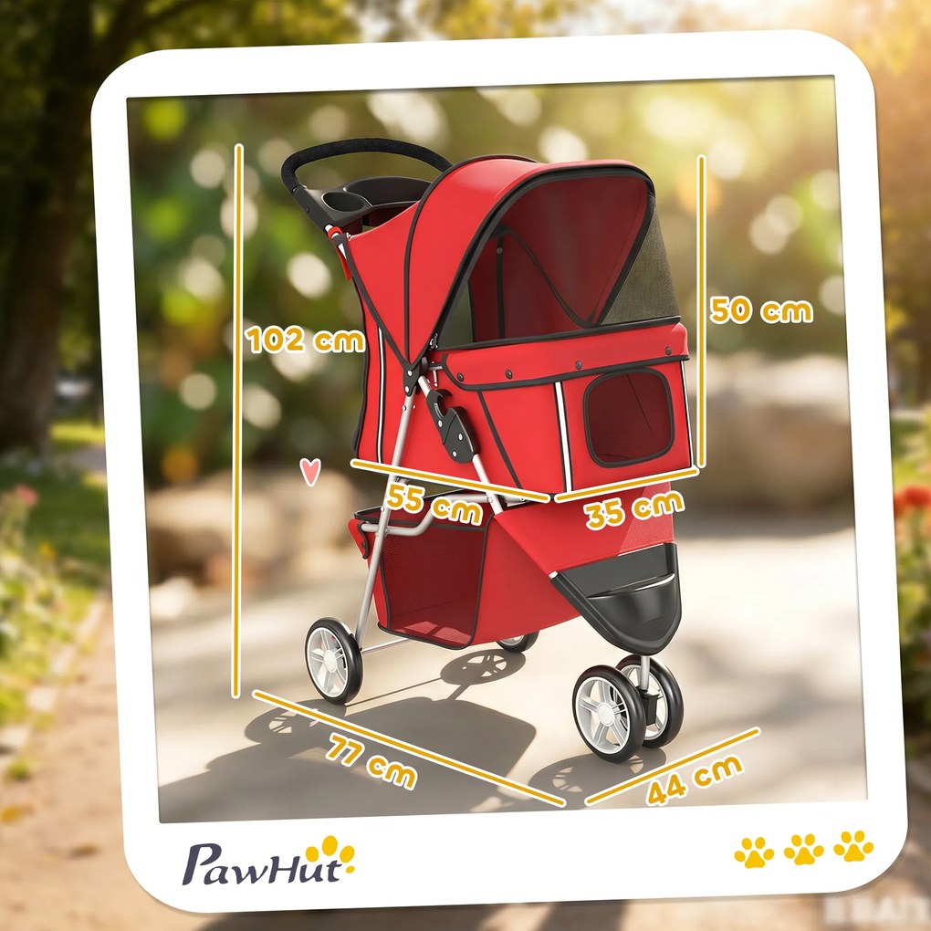 PawHut Wózek dla psa składany, buggy z koszem, poduszką, oknami z siatki, uchwytem na napój dla małych psów do 10 kg, czerwony | Aosom PL
