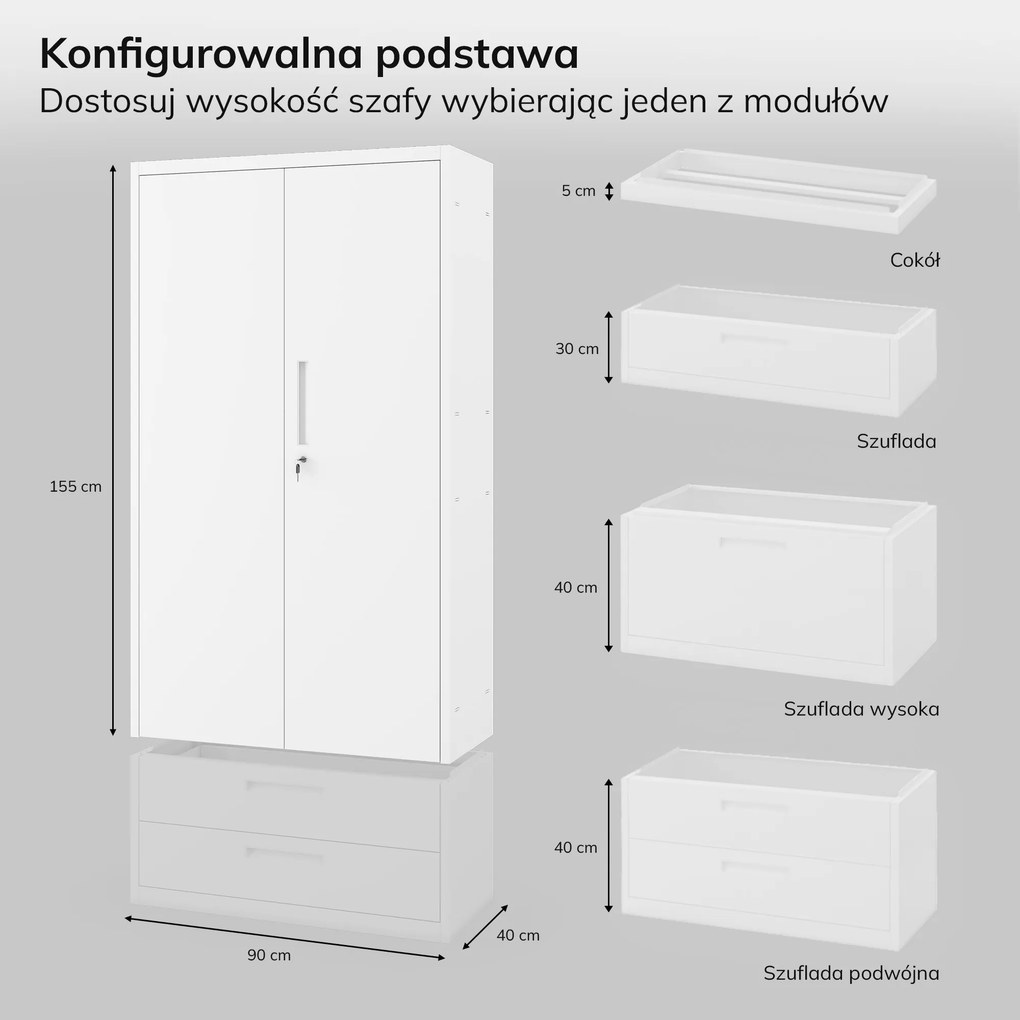 Szafa modułowa metalowa z półkami na cokole biała, 1600x900x400 mm: MEGAN