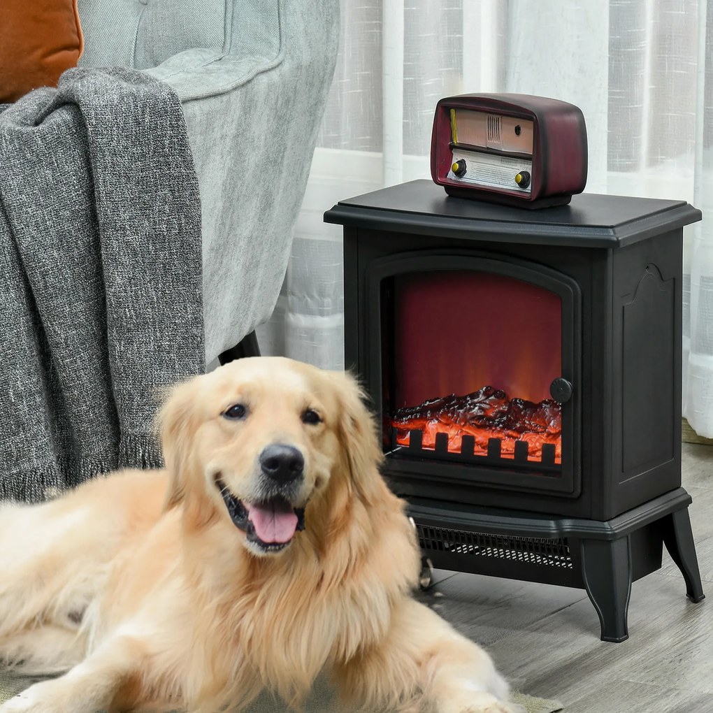 HOMCOM Elektryczny Kominek Wolnostojący, Efekt Płomieni, 2 Tryby Grzewcze 1000W/2000W, Hartowane Szkło, Czarny, 36,5x24x45,5 cm
