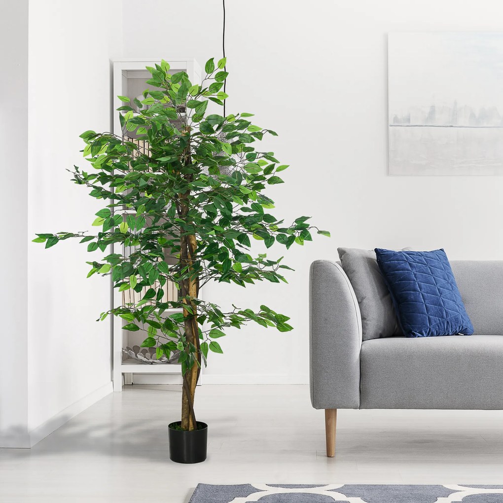 HOMCOM Sztuczny Ficus w Doniczce, Naturalny Wygląd, 150 cm Wysokości, Zielony