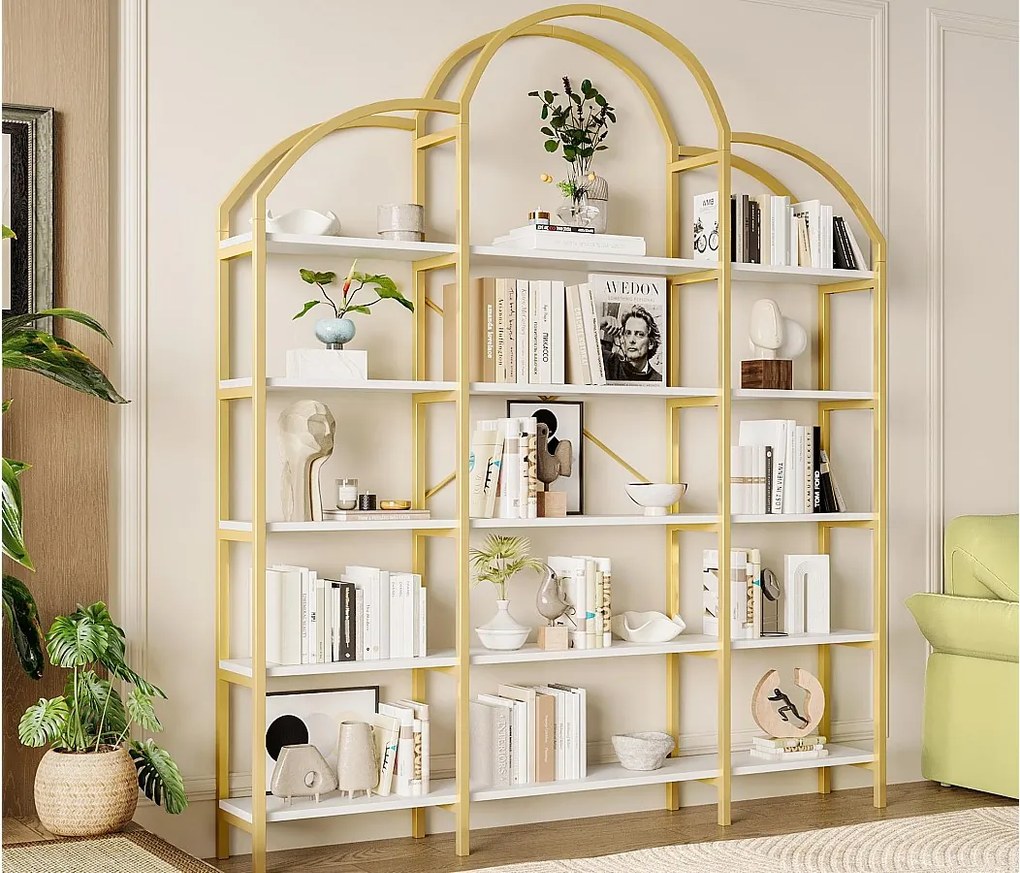 Nowoczesna metalowa biblioteczka 170×26×190 cm - kształt chmury - 5 poziomów przechowywania - złoty + biały