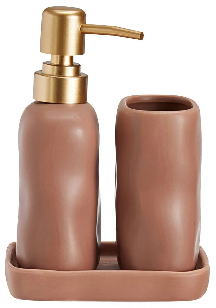 Zestaw łazienkowy EON, ceramiczny dozownik ze złotą pompką, kubek i taca