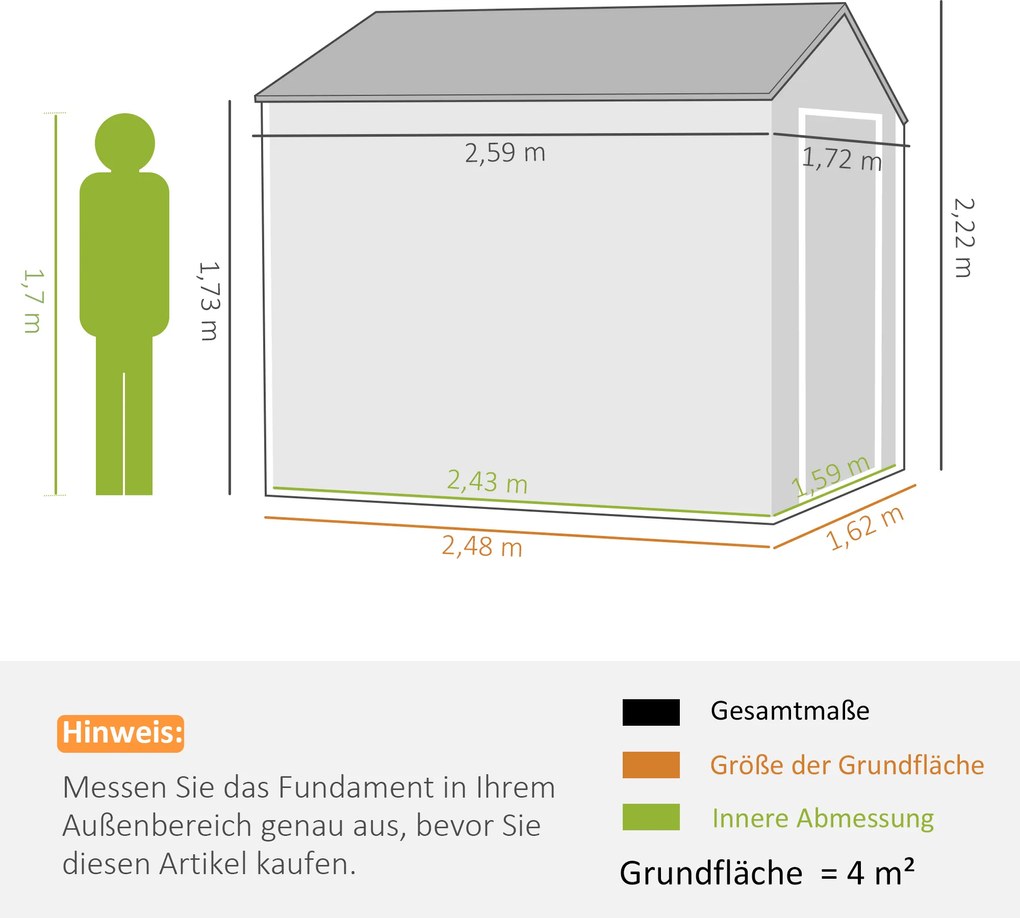 Outsunny Szopa Ogrodowa, Dom Narzędziowy z Metalu, Podwójne Drzwi, Okno, 259x172x222 cm, Szary/Biały