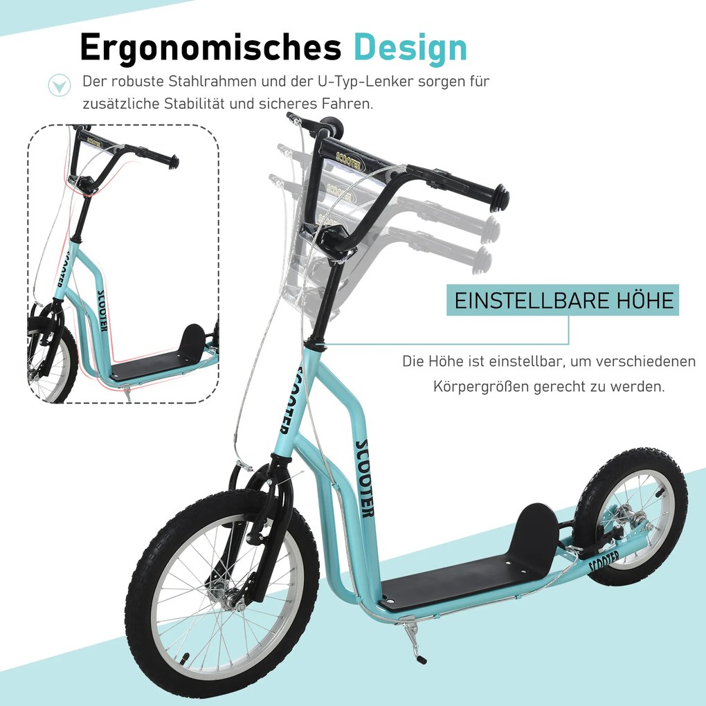 HOMCOM Hulajnoga dziecięca, miejska, 16/12 cali, niebieska, aluminiowa, 139x58x88-94cm | Aosom PL