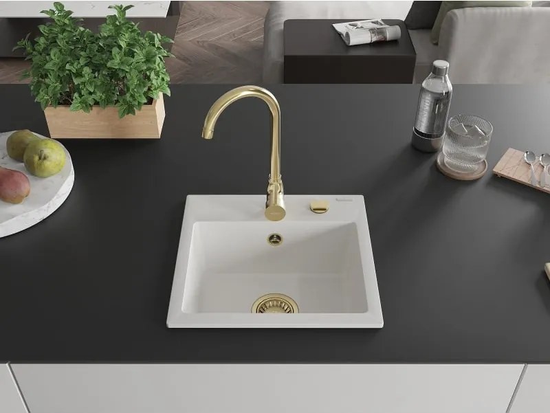 Mexen Milo zlewozmywak granitowy 1-komorowy 435 x 410 mm, biały, syfon złoty - 6505441000-20-G