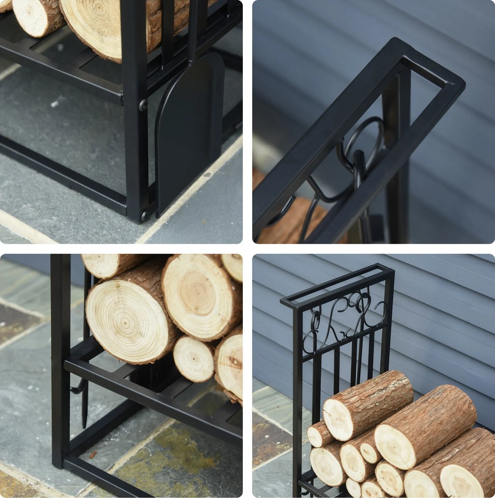 Stojak na drewno kominkowe HOMCOM z akcesoriami, regał na drewno, podstawka na drewno kominkowe, narzędzia kominkowe, Stal Czarny 75 x 30 x 60 cm