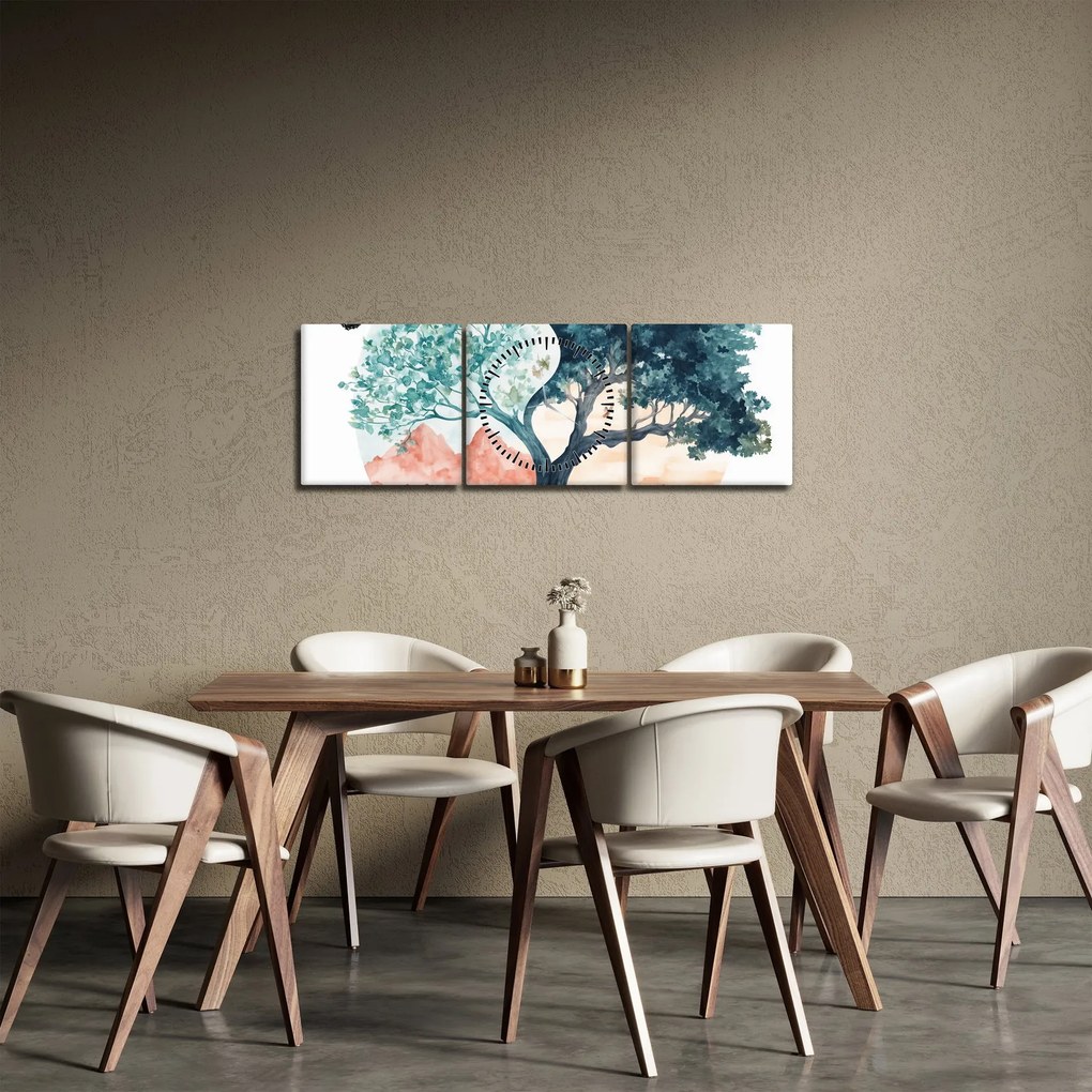 Obraz – Akwarelowe drzewo pełne życia (z zegarem) (90x30 cm)