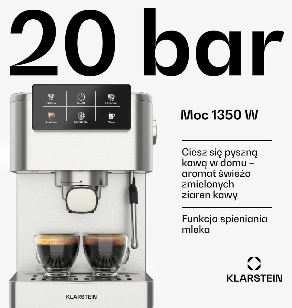 Klarstein SteelPresso Touch ekspres do kawy kolbowy, ekran dotykowy, 20 bar