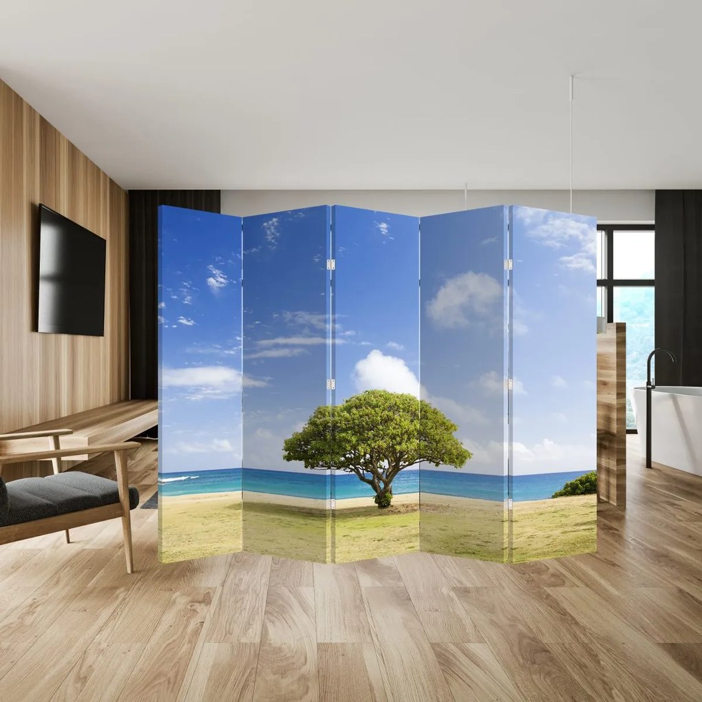 Parawan - Plaża z drzewem (210x170 cm)
