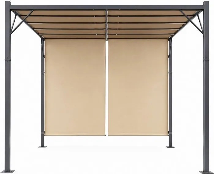 Beżowa pergola ogrodowa FG-362 z regulowanym zadaszeniem i roletami bocznymi