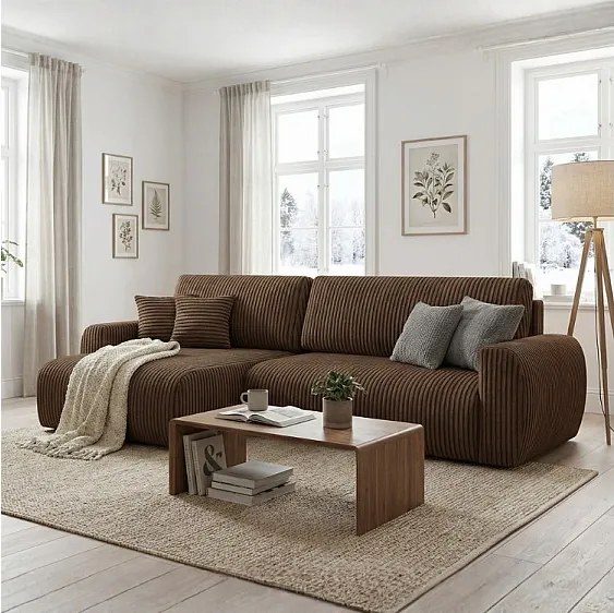 Stylowy narożnik rozkładany lewostronny  ARIEL L 246x150x87 cm w tkaninie Velo 48 brązowej