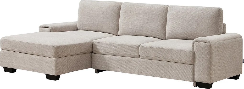 Kanapa narożna lewostronna rozkładana z tkaniny teksturowanej w kolorze beżowym EMBAPO