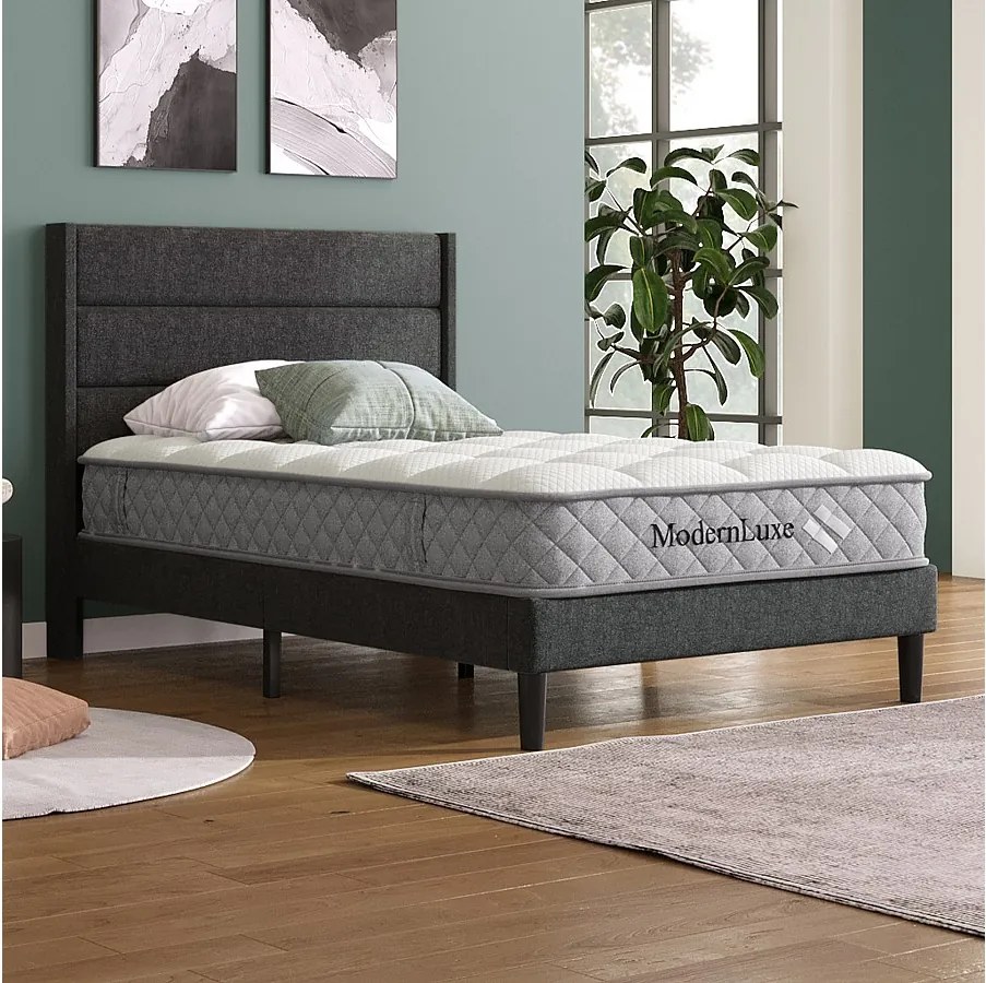 Łóżko młodzieżowe tapicerowane - 90 x 200 cm - ze stelażem + zagłówek - len - kolor szary (z materacem)