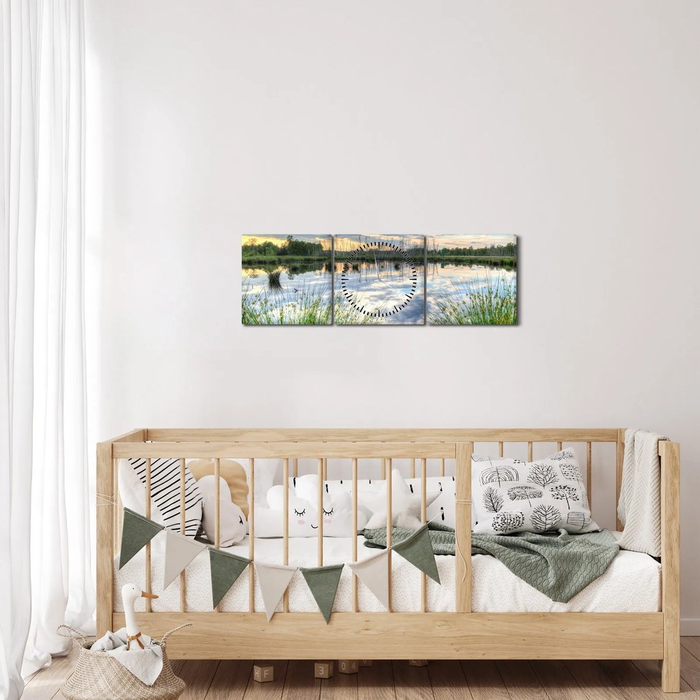 Obraz jeziora z trzcinami (z zegarem) (90x30 cm)