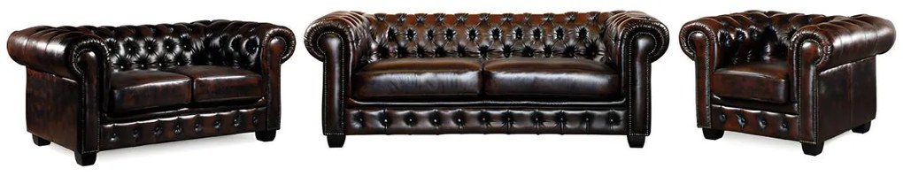 Komplet wypoczynkowy typu chesterfield 3+2+1 BRENTON 100% skóry bawolej - Kolor: brązowy z kasztanowymi refleksami