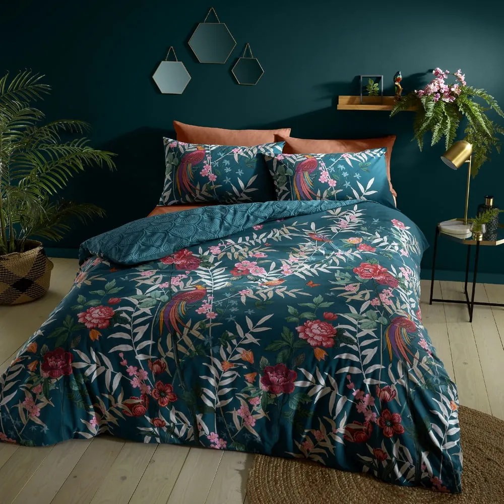 Ciemnozielona pościel dwuosobowa 230x220 cm Tropical Floral Birds – Catherine Lansfield