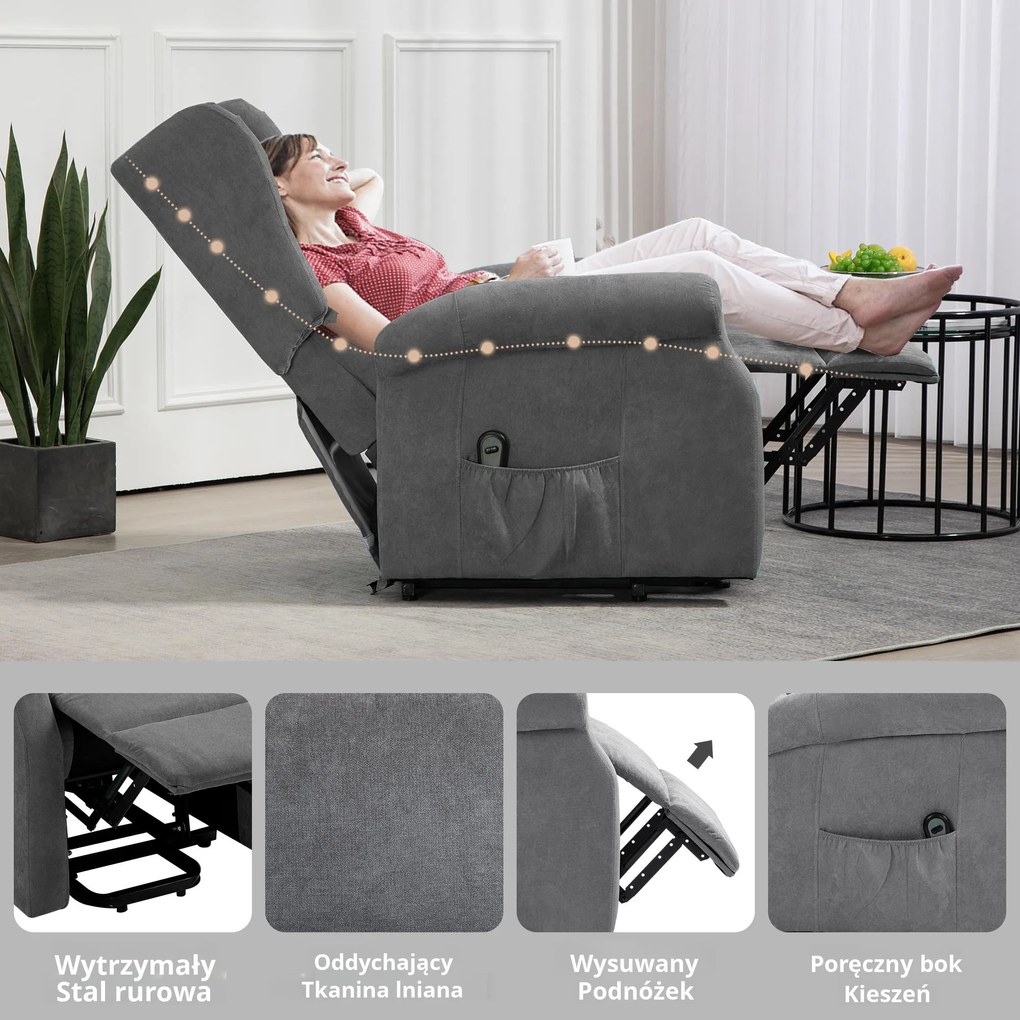 HOMCOM Fotel relaksacyjny z funkcją leżenia i pomocą przy wstawaniu do 200kg ciemnoszary 72,5x94x109cm | Aosom PL