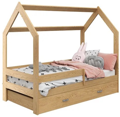 Łóżko dziecięce DOMEK D3, 80 x 160 cm, sosna Stelaż: Ze stelażem listwowym elastycznym, Materac: Materac EASYSOFT 8 cm, Pojemnik pod łóżko: Z białym pojemnikiem pod łóżko