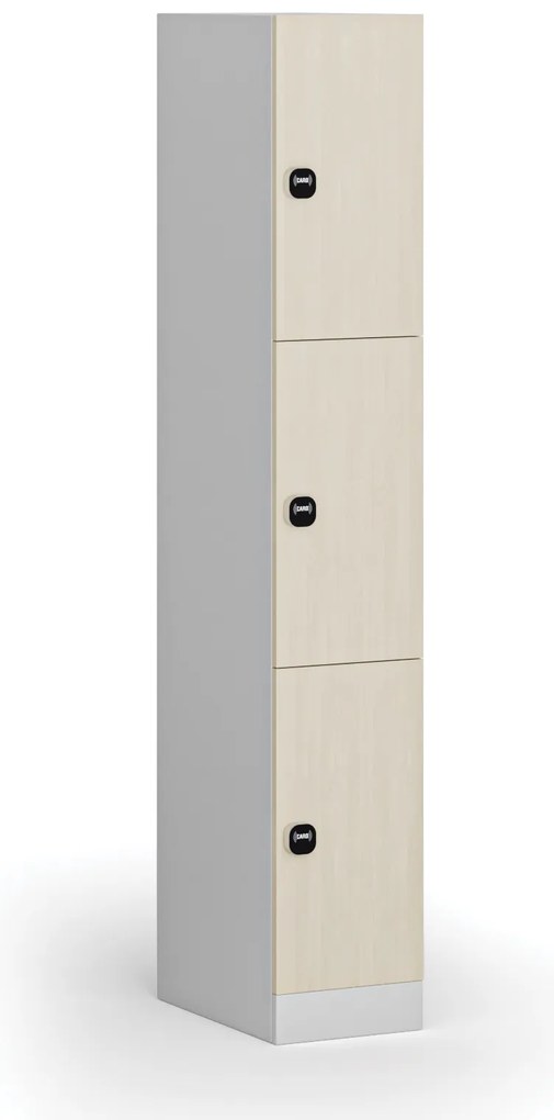 Szafka skrytkowa, 3 schowki, 1850 x 300 x 500 mm, demontaż, zamek RFID, drzwi laminowane, brzoza