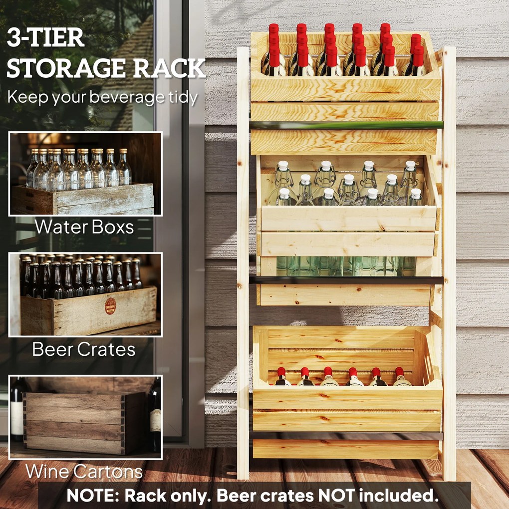 Outsunny Regał na 3 Skrzynki z Napojami, Drewniany Stojak z 3 Poziomami 56 x 32 x 112 cm, Drewno Naturalne