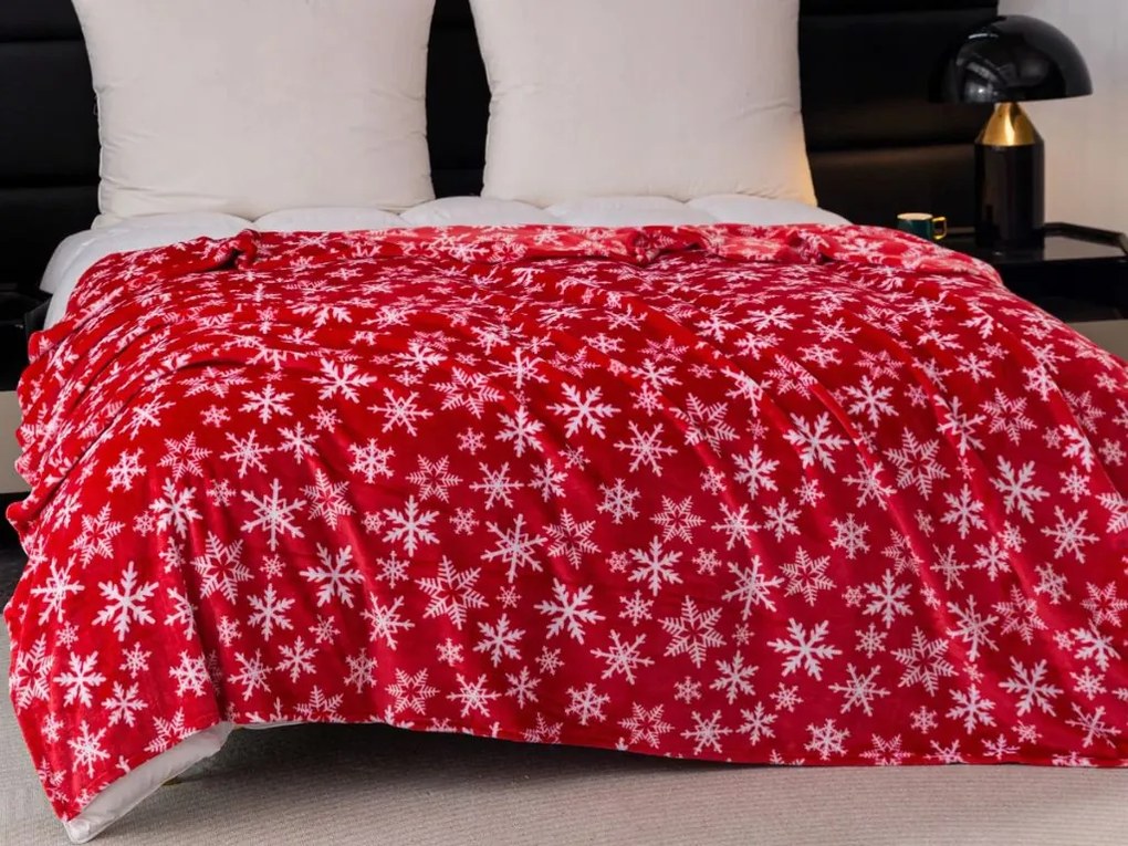 Świąteczny mikropluszowy koc FROSTY FLAKES, czerwony Rozmiar: 200 x 220 cm