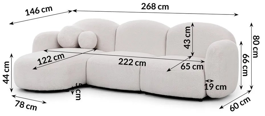 Kremowy narożnik z materiału bouclé (lewostronny/z szezlongiem) Orbit – Ropez