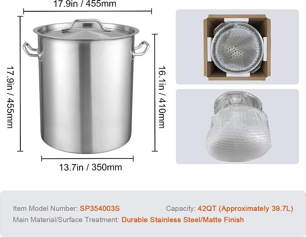 Garnek ze Stali Nierdzewnej SucceBuy 42 L z Durszlakiem i Pokrywą do Gotowania, Perfect do Przygotowań Kulinarnych i Wydarzeń