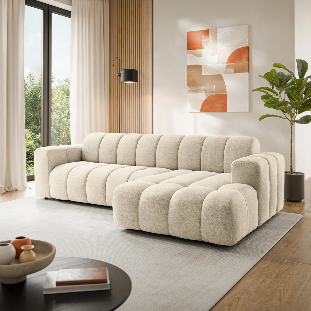 Masseno Narożnik SETIA Prawostronny L-Kształtny, Nowoczesna Sofa narożna, Tkanina Strukturalna - Kremowy, ARAGON 02