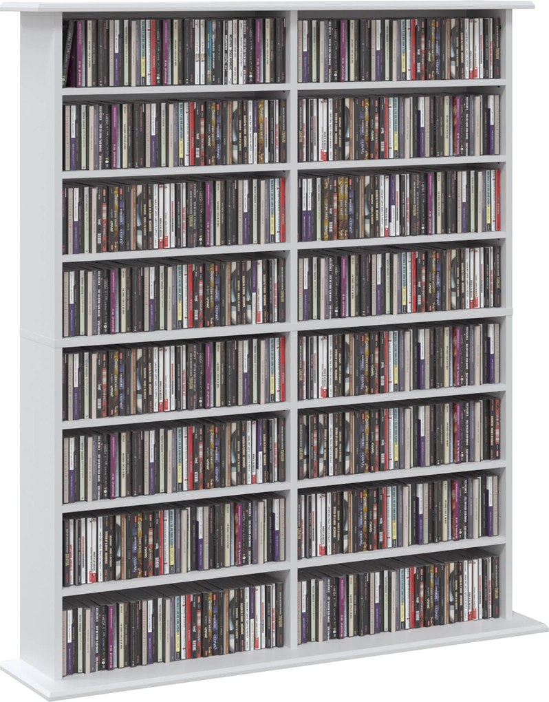 HOMCOM Regał multimedialny, 8 poziomów, regał na DVD z 12 regulowanymi półkami, 16 przegród, pojemność 720 CD, biały | Aosom PL
