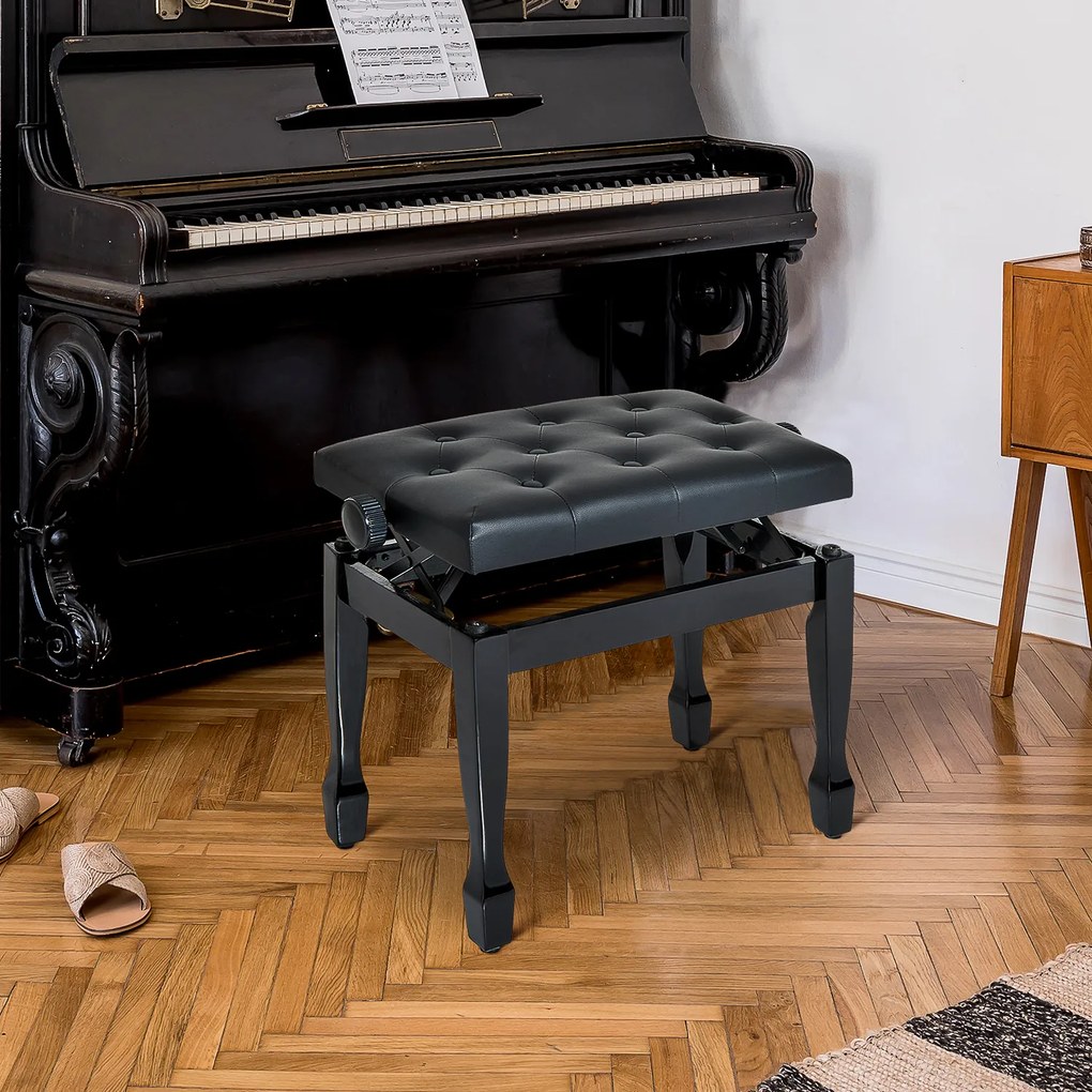 HOMCOM Stołek do Fortepianu Czarny Regulowana Wysokość Lite Drewno Sztuczna Skóra 64x35x45-55cm | Aosom PL