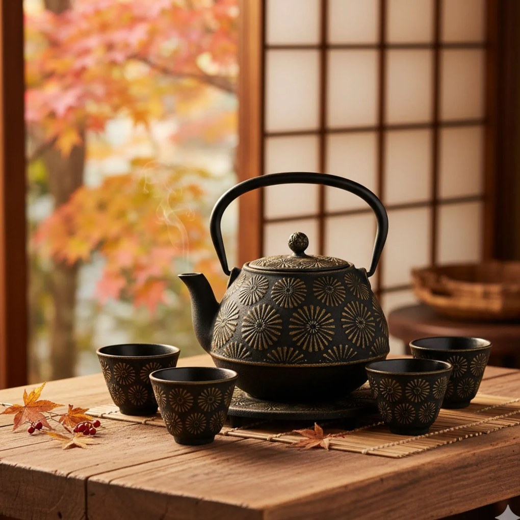 Dzbanek żeliwny z czarkami i podstawką KOGA, 1200 ml