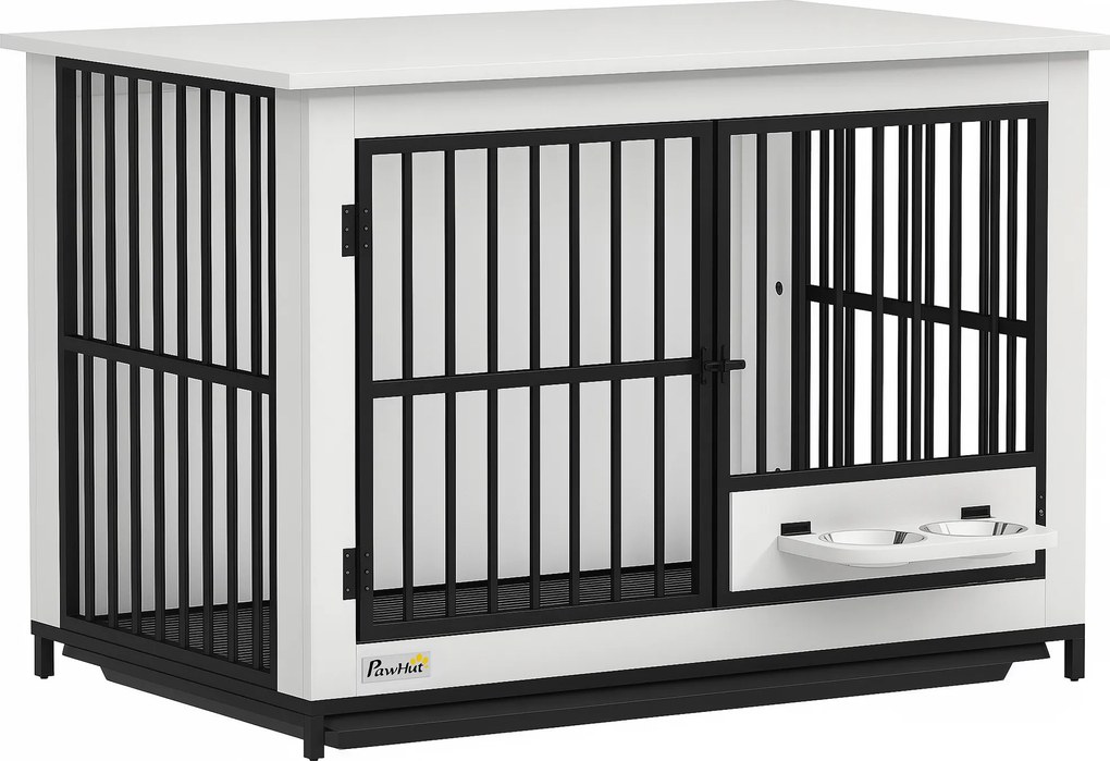 PawHut Duża klatka dla psa, łatwy dostęp, zamykana, obrotowy uchwyt na miski, dla małych i dużych psów, Biała