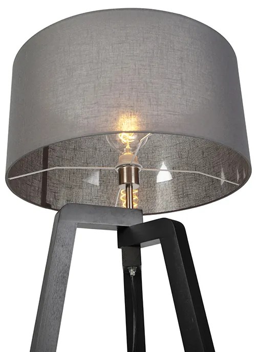Lampa podłogowa trójnożna czarna drewno z szarym abażurem 50cm - Puros Nowoczesny Oswietlenie wewnetrzne