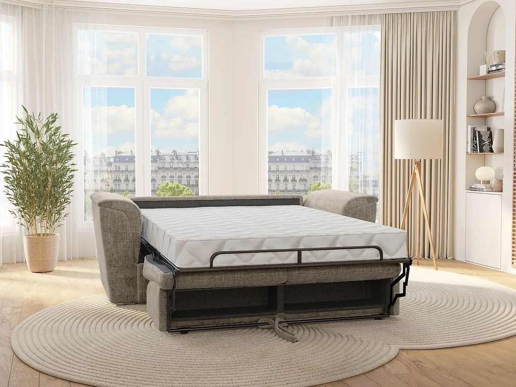 Kanapa 4-osobowa rozkładana typu express z teksturowanej tkaniny taupe - Powierzchnia spania 160 cm - Materac 22 cm z pianką memory - RIZORA