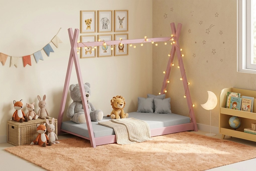 Łóżko dziecięce Tipi 70x140 drewniane domek - różowy