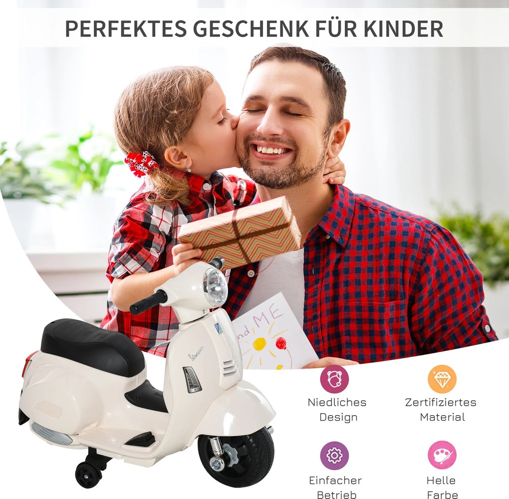 VESPA elektryczny motocykl dla dzieci Biały pojazd dla maluchów 3-6 lat Zabawka na akumulator | Aosom PL
