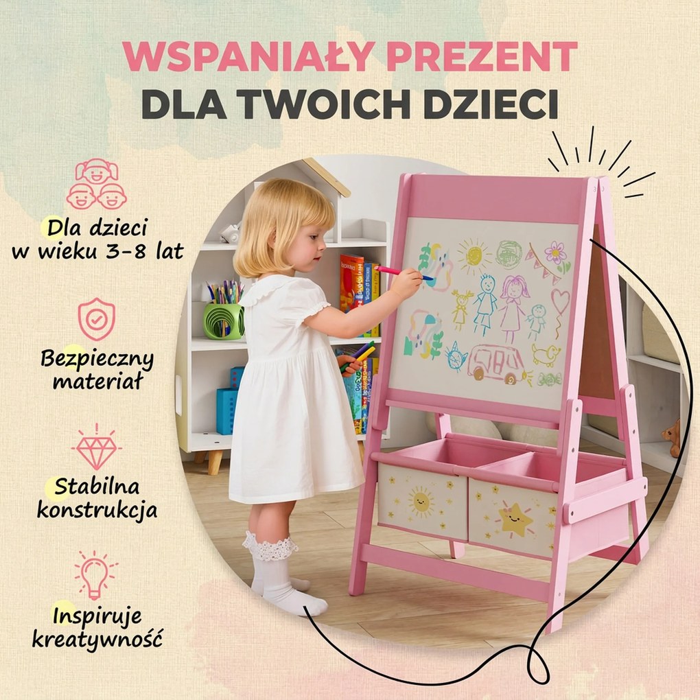 AIYAPLAY Sztaluga 3 w 1 dla dzieci z tablicą kredową, białą tablicą, rolką papieru i 2 koszami, różowa, dla dzieci w wieku 3-8 lat | Aosom PL