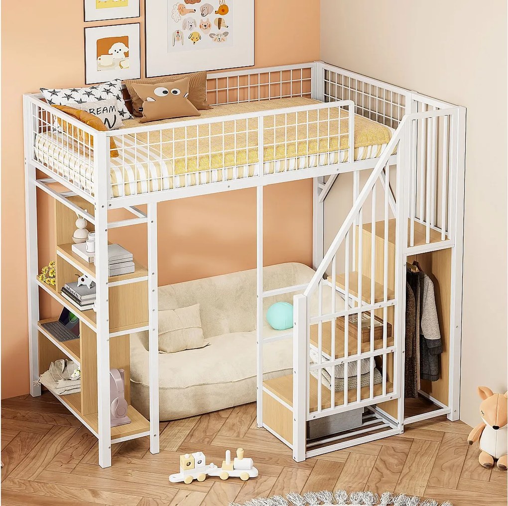Łóżko piętrowe metalowe dla dzieci - 90 x 200 cm - z szafą + półki + schody - drewno + metal - białe