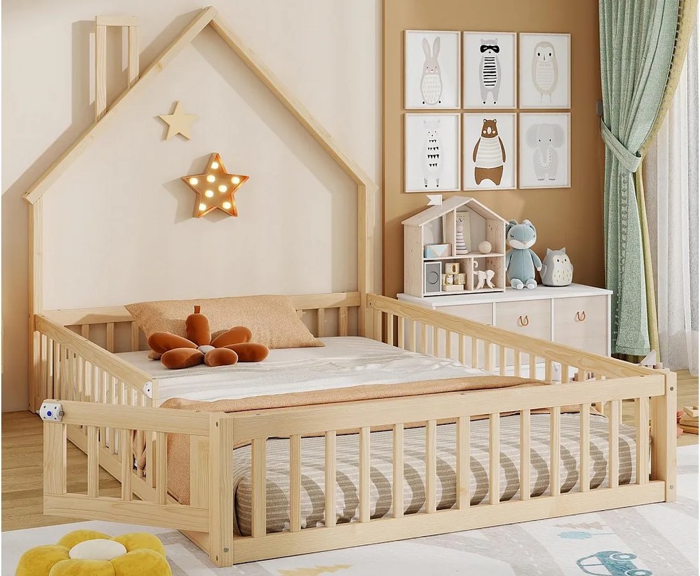 Łóżko domkowe dziecięce 140 x 200 cm - z stelażem lamelowym - z 1 drzwiami - naturalny​ (materac nie jest wliczony w cenę)