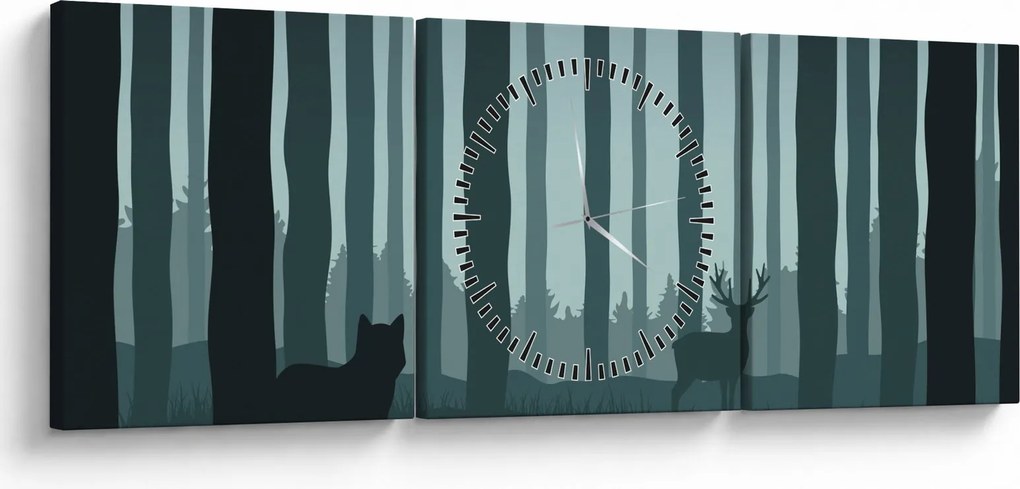 Obraz - Jeleń z wilkiem w skałach (z zegarem) (90x30 cm)