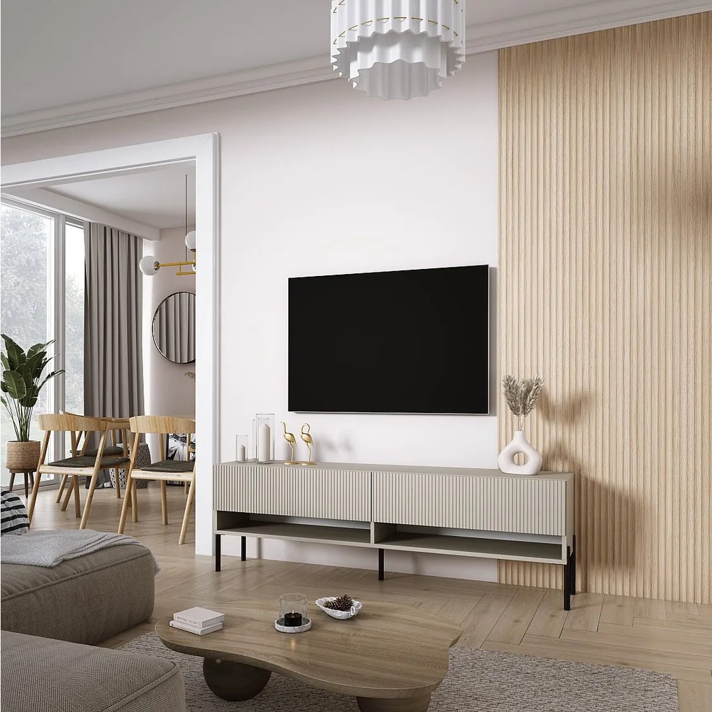 Szafka pod telewizor 170, fronty ryflowane, Kaszmir, nóżki proste czarne, 170 × 32 × 52 cm