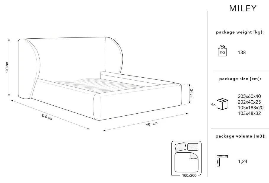 Beżowe tapicerowane łóżko dwuosobowe ze schowkiem i stelażem 160x200 cm Miley – Micadoni Home