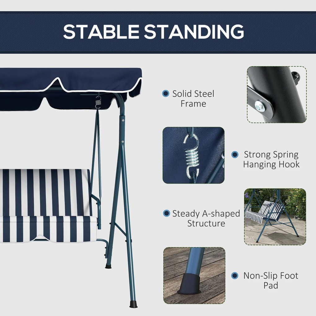 Outsunny Huśtawka Ogrodowa 3-osobowa, Odporna na Warunki Pogodowe, Regulowany Dach, 172 x 110 x 153, Niebieska