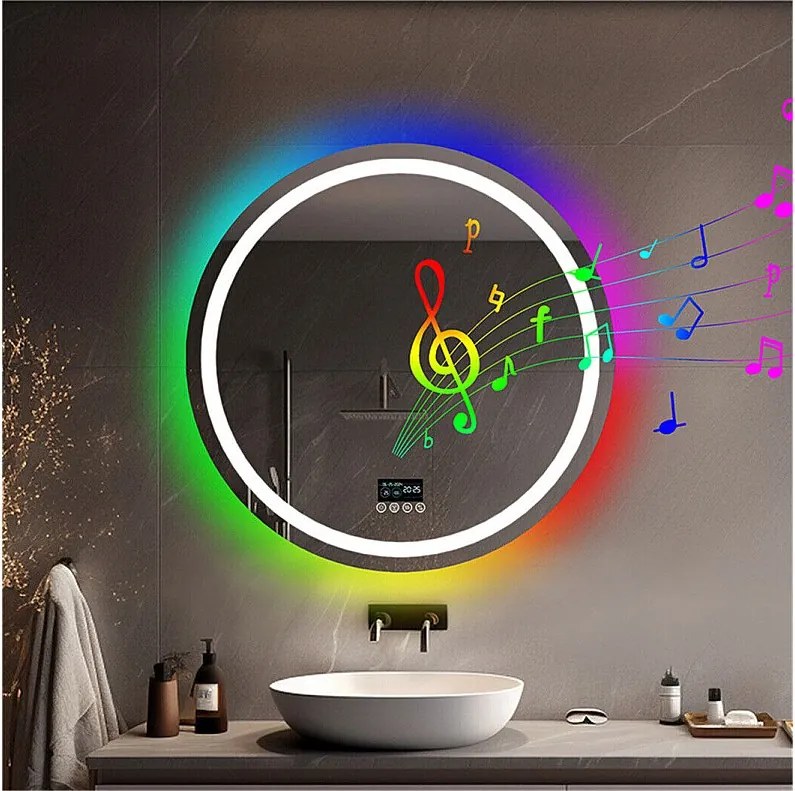 Lustro łazienkowe 80x80cm RGB i LED regulowane + przeciwmgielne + Bluetooth 5.2 + Zegar + 3 kolory 4 przyciski