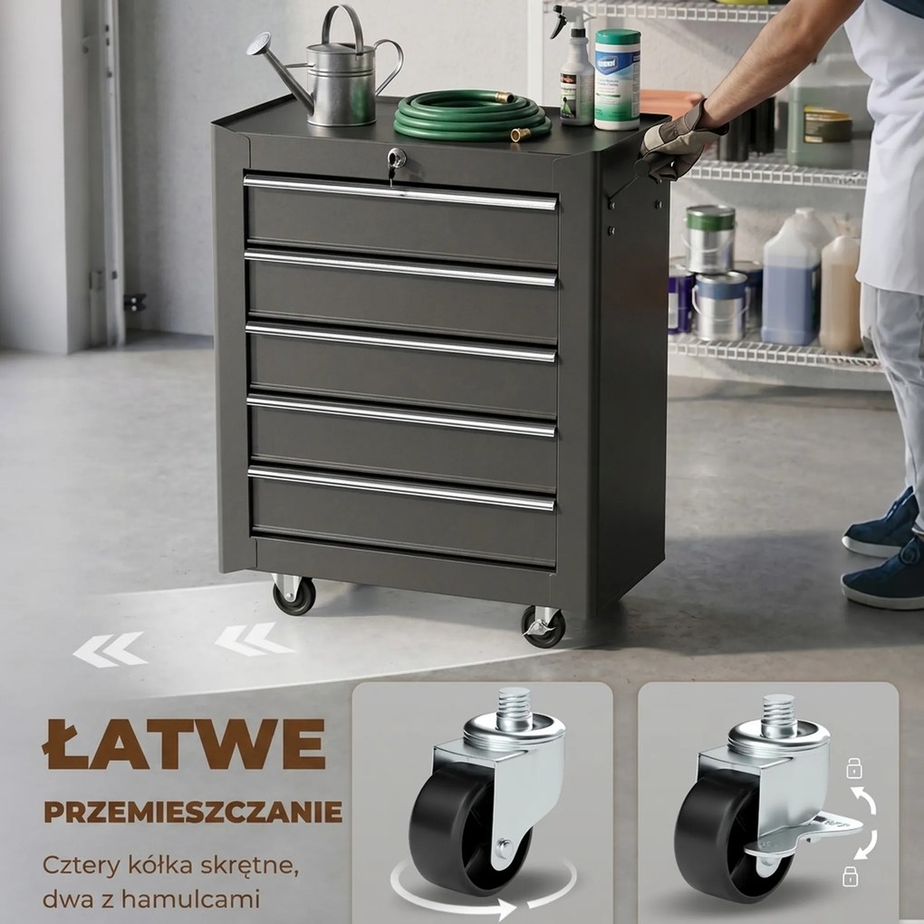 Skrzynka Narzędziowa HOMCOM, Szafka na Narzędzia, na Kołach, 5 Szuflad, Stal, Czarny